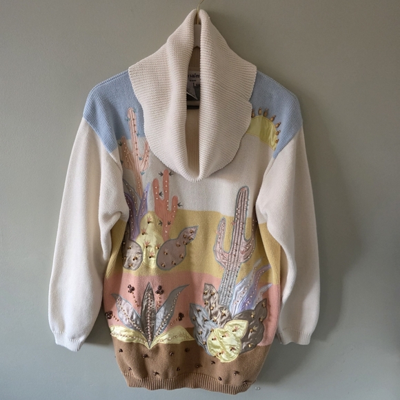 Franco Valerie M Vintage 90s Artsy Fun Eclectic Embroidered Beaded Turtleneck - Picture 2 of 15